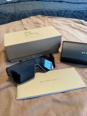 Burberry Men’s Black Shield Sunglasses with Dark Lenses
